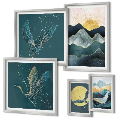 Set 5 slika u okviru elegantne planine, ptice i sunce
