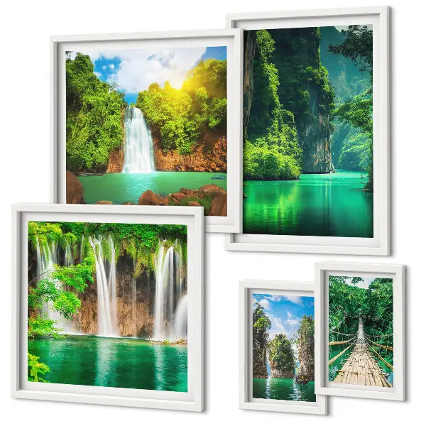 Set slika iznad kauča zelena priroda s tropskim slapovima