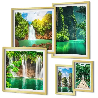 Set slika iznad kauča zelena priroda s tropskim slapovima