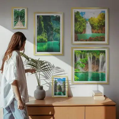 Set slika iznad kauča zelena priroda s tropskim slapovima