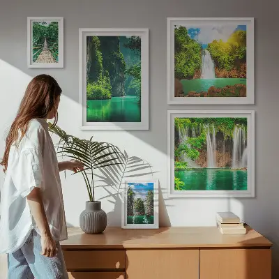 Set slika iznad kauča zelena priroda s tropskim slapovima