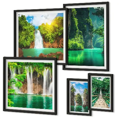 Set slika iznad kauča zelena priroda s tropskim slapovima