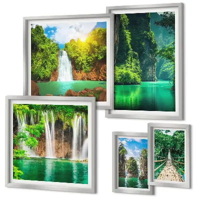Set slika iznad kauča zelena priroda s tropskim slapovima