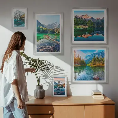 Set od 5 slika u okviru planinski krajolici s jezerima i šumama