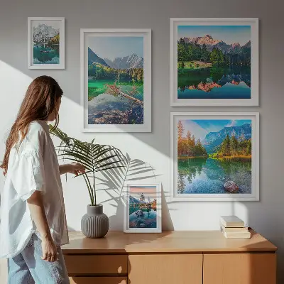 Set od 5 slika u okviru planinski krajolici s jezerima i šumama