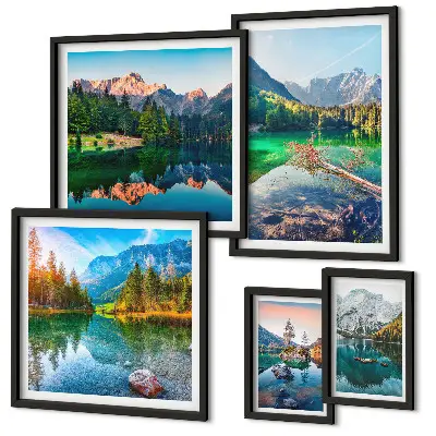 Set od 5 slika u okviru planinski krajolici s jezerima i šumama