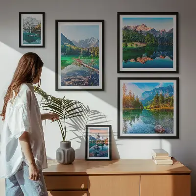 Set od 5 slika u okviru planinski krajolici s jezerima i šumama