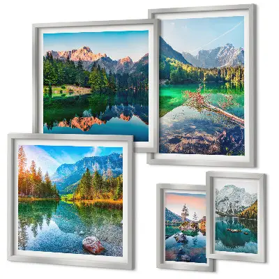 Set od 5 slika u okviru planinski krajolici s jezerima i šumama