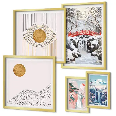 Set slika iznad kauča pejzaži s motivima japanskih slapova i mostova