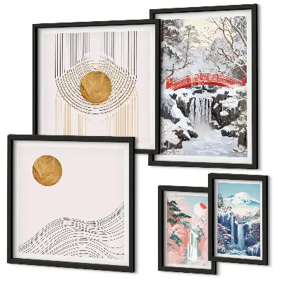 Set slika iznad kauča pejzaži s motivima japanskih slapova i mostova