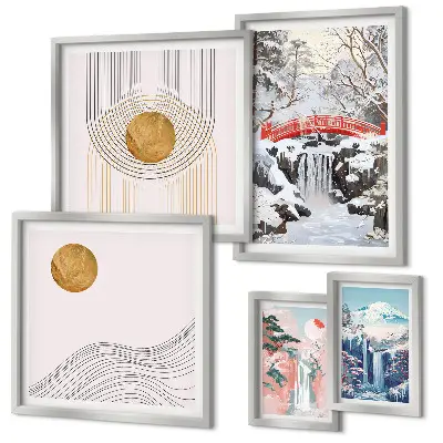 Set slika iznad kauča pejzaži s motivima japanskih slapova i mostova