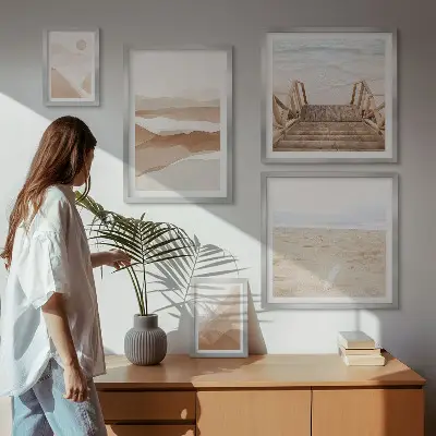 Set slika iznad kauča s motivima plaže i planina minimalistički dizajn