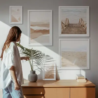 Set slika iznad kauča s motivima plaže i planina minimalistički dizajn
