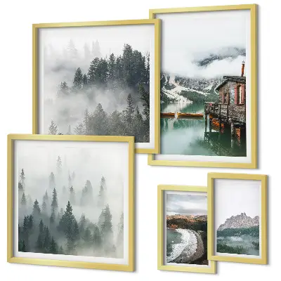 Set od 5 slika u okviru planinski krajolici s vikendicama i vodom