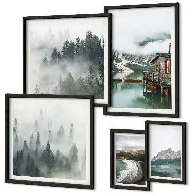 Set od 5 slika u okviru planinski krajolici s vikendicama i vodom