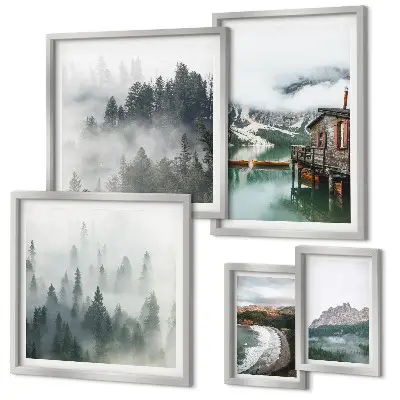 Set od 5 slika u okviru planinski krajolici s vikendicama i vodom