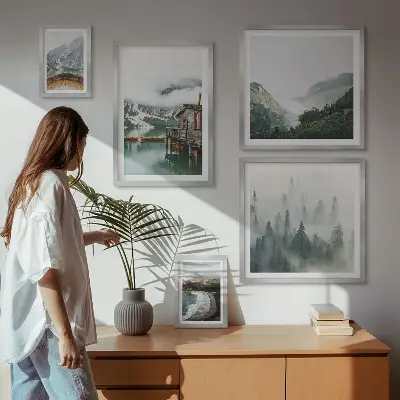 Poliptih u okviru planinski krajolici s kućama i vodom