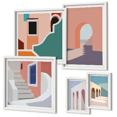 Pastelna arhitektonska grafika set slika iznad kauča