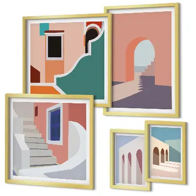 Pastelna arhitektonska grafika set slika iznad kauča