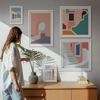 Pastelna arhitektonska grafika set slika iznad kauča