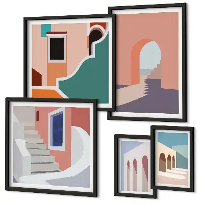 Pastelna arhitektonska grafika set slika iznad kauča