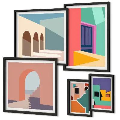 Set slika s motivom grada šarene ilustracije za postavljanje iznad kauča